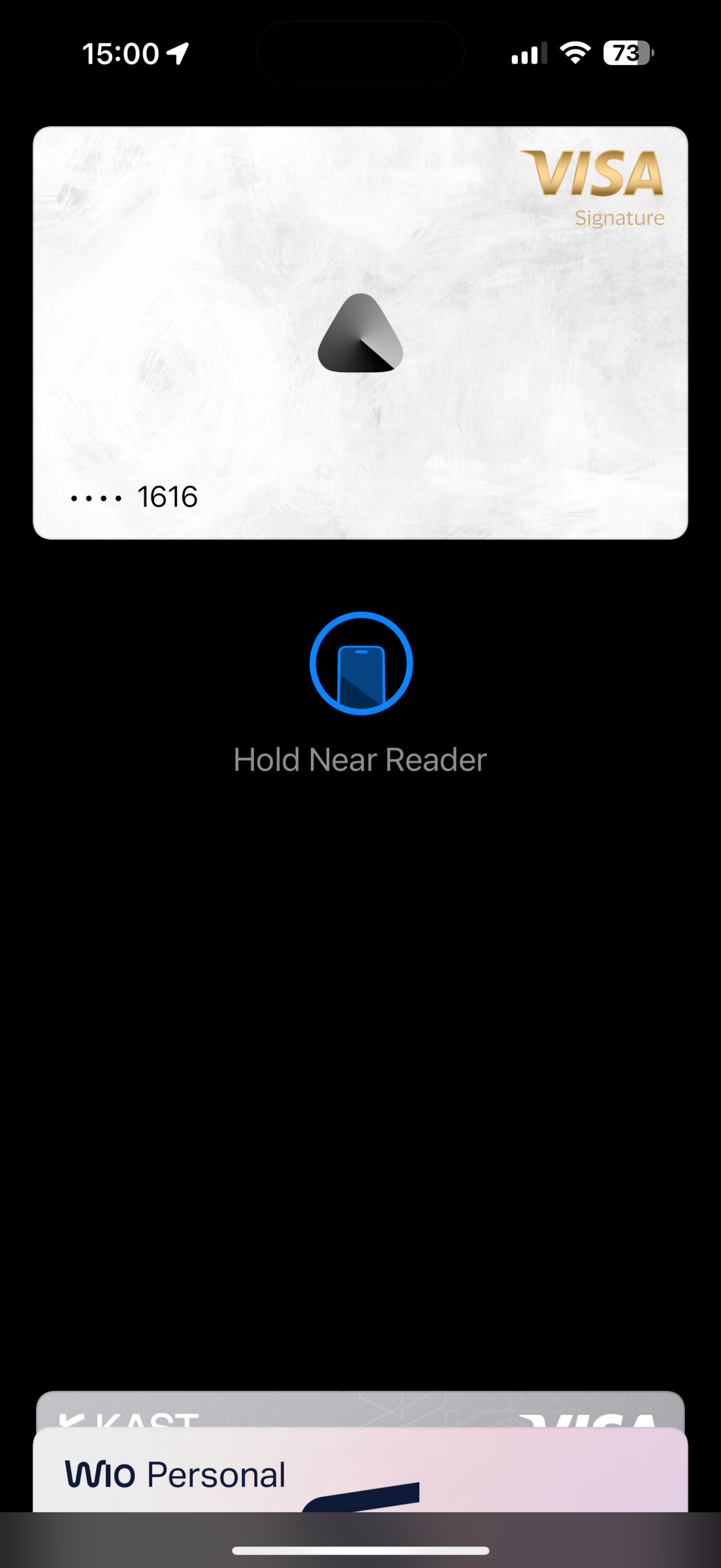 Avici card in Apple Pay — Visa Signature *1616, Hold Near Reader screen