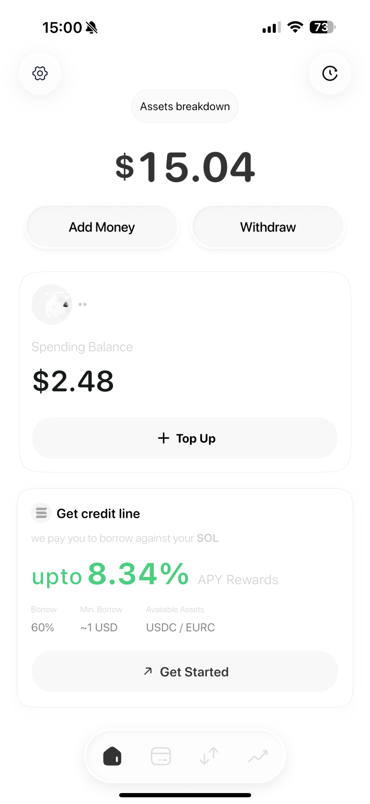 Avici app home screen — Assets breakdown, Spending Balance and Get credit line up to 8.34% APY
