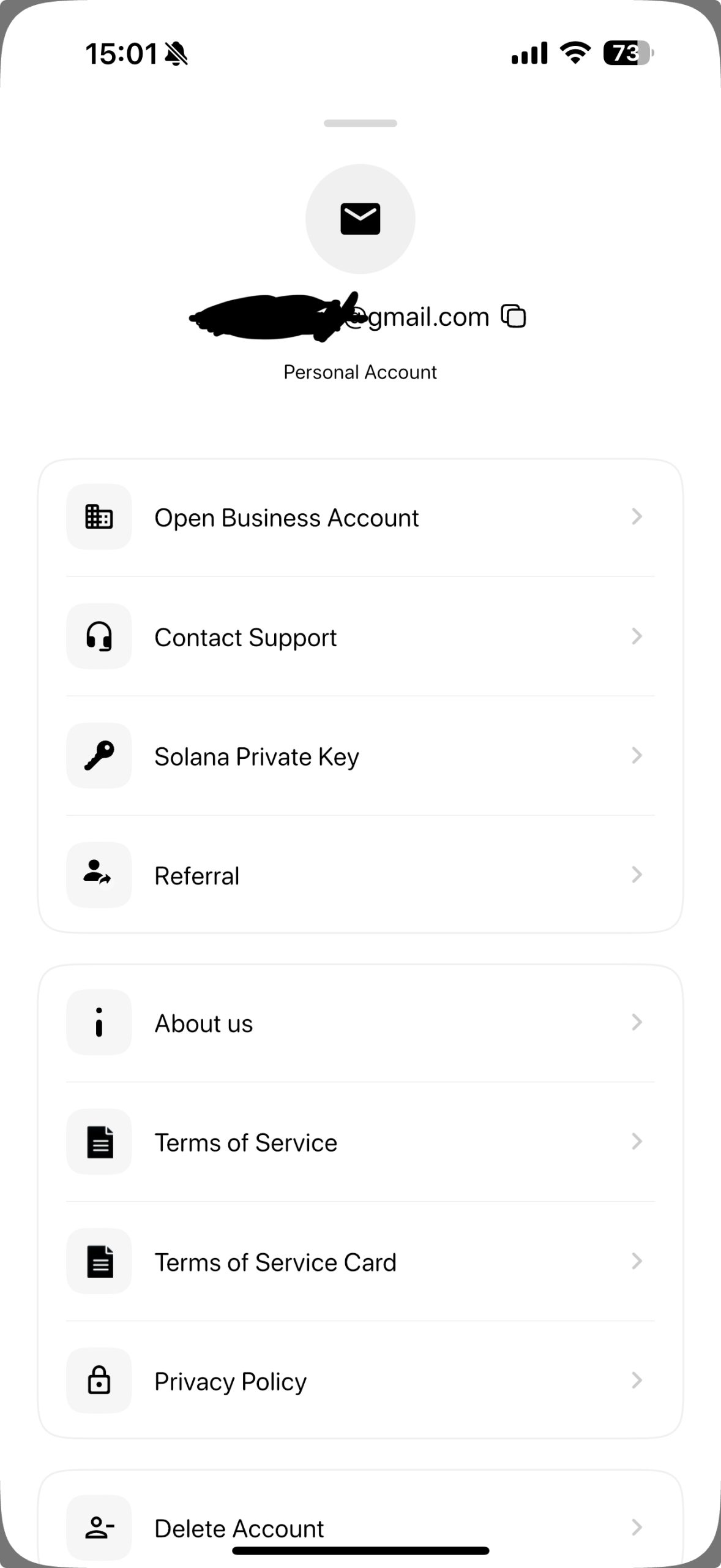 Avici app settings menu — Solana Private Key option visible alongside Contact Support and Referral