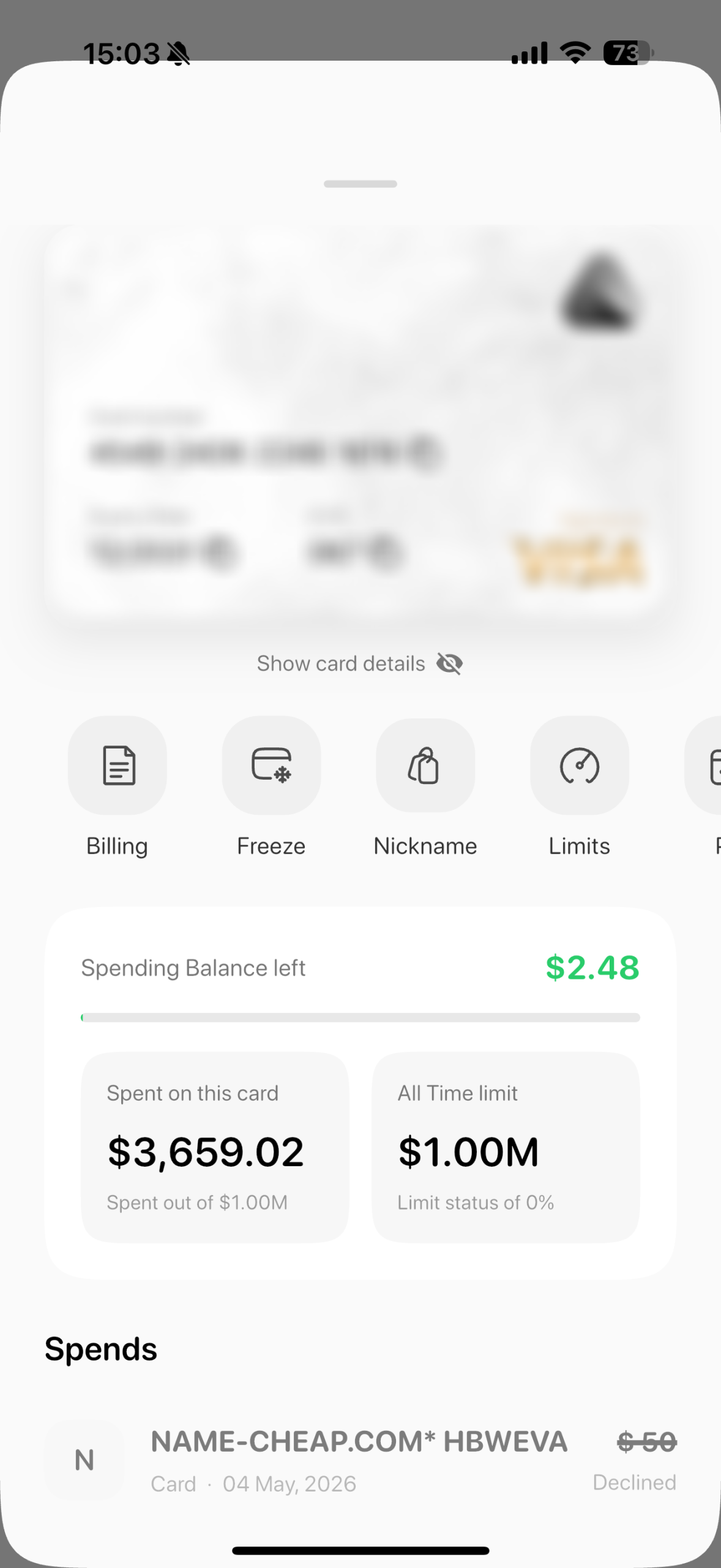 Avici card detail screen — Spending Balance $2.48, $3,659.02 spent all-time against $1M limit