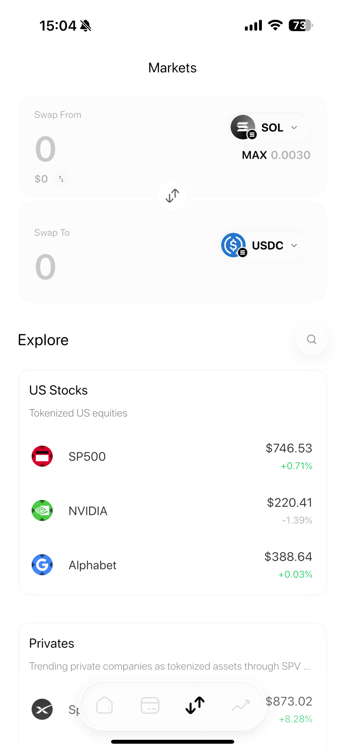 Avici Markets tab — tokenized US stocks SP500, NVIDIA, Alphabet and private companies via SPV