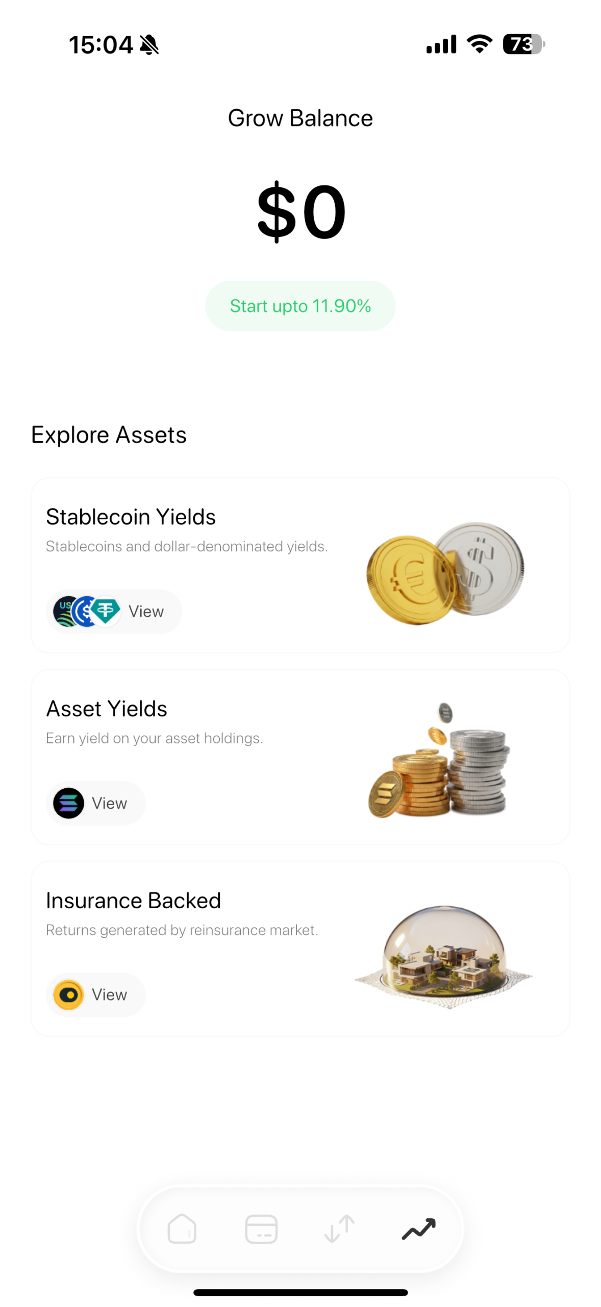 Avici Grow section — yield vaults up to 11.90% APY, Stablecoin Yields, Asset Yields, Insurance Backed