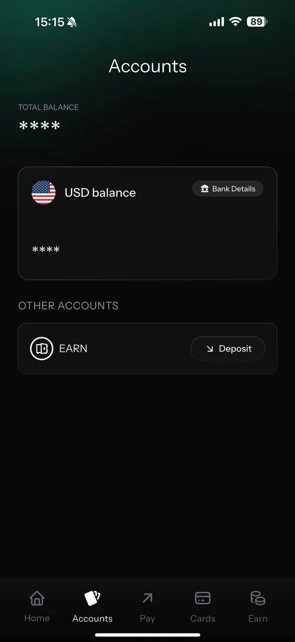 KAST Accounts screen: USD balance with Bank Details and Earn account