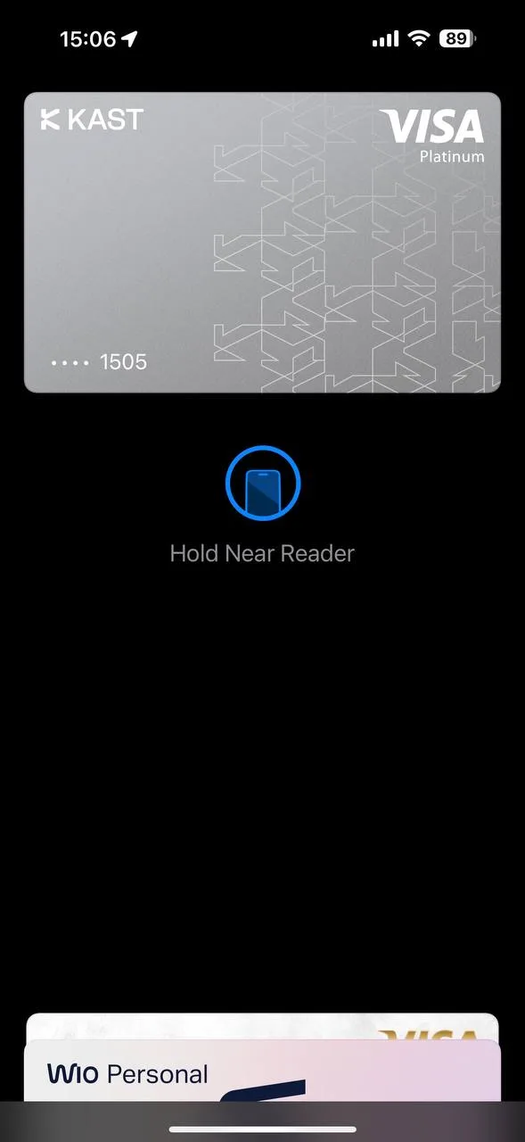 KAST card ready in Apple Pay — Hold Near Reader tap-to-pay screen