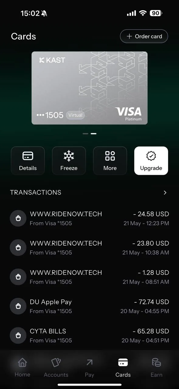 KAST app Cards screen — virtual K Card Visa Platinum ending 1505 with recent transactions