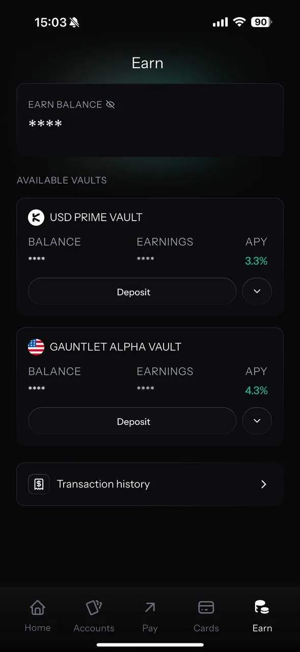 KAST Earn screen: USD Prime Vault 3.3% APY and Gauntlet Alpha Vault 4.3% APY