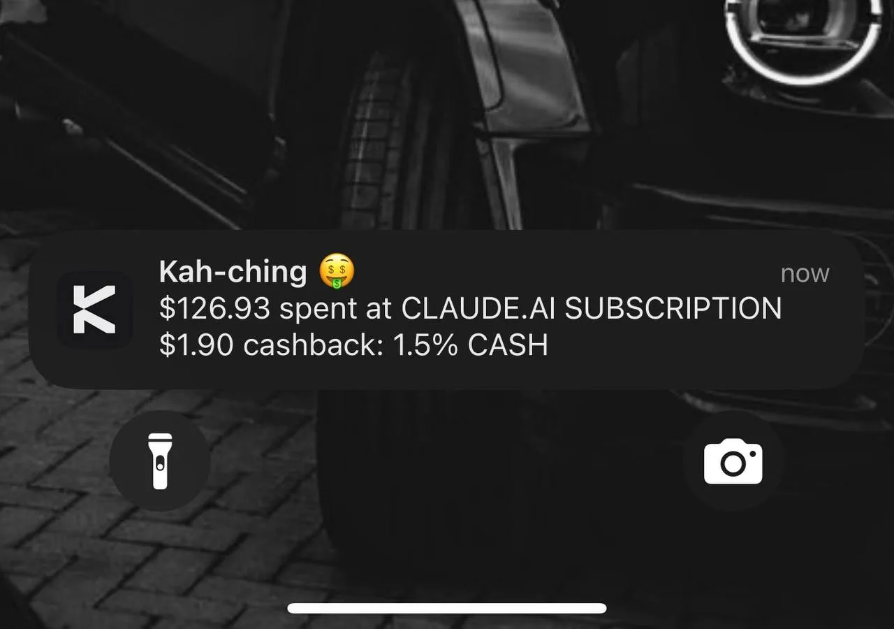 KAST Kah-ching push notification: $1.90 cashback on $126.93 Claude.ai subscription — 1.5% CASH