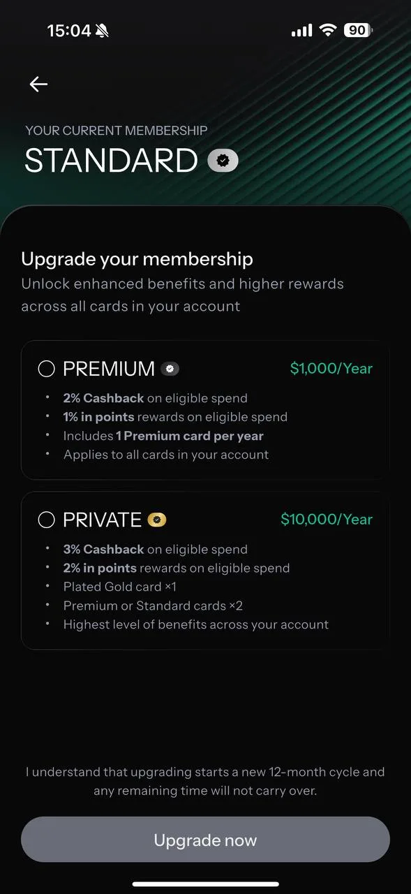 KAST membership tiers: Standard (free), Premium $1,000/year 2% cashback, Private $10,000/year 3% cashback