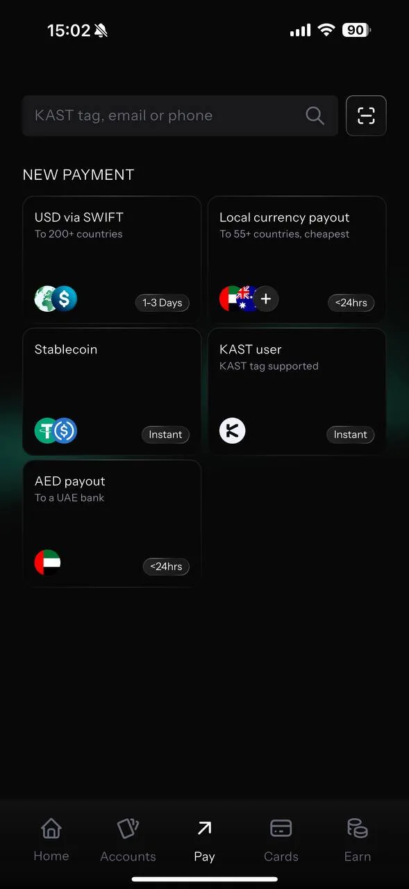 KAST Pay screen: USD via SWIFT, local currency payout, stablecoin instant transfer, KAST user, AED payout