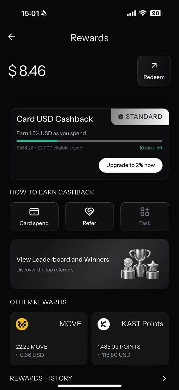 KAST app Rewards screen: $8.46 USD cashback, 1,485 KAST Points, and MOVE balance on Standard tier