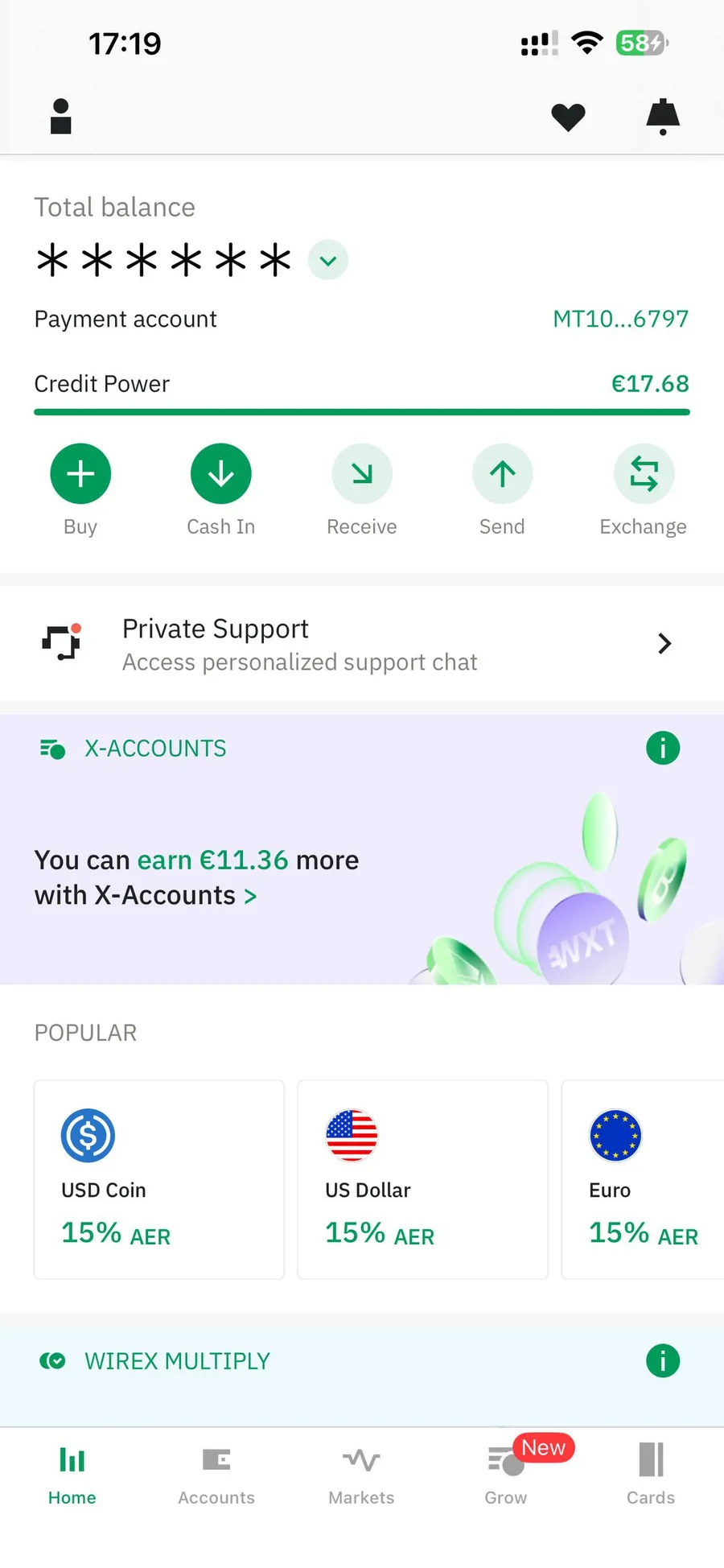 Wirex app home screen showing total balance and X-Accounts