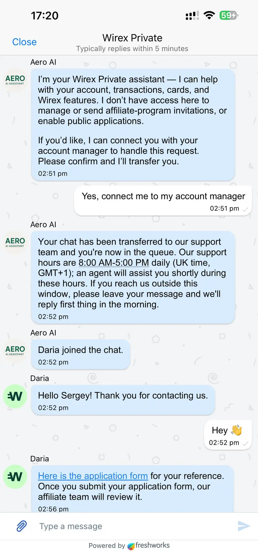 Wirex Private support chat with a human agent