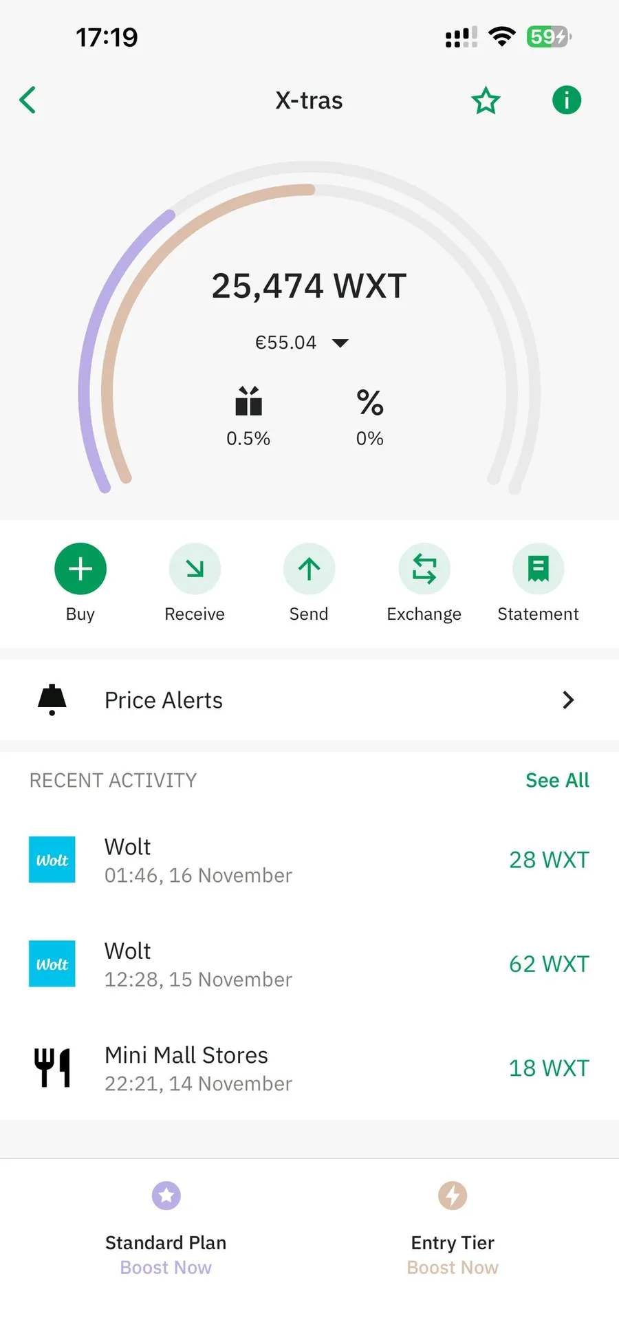 Wirex X-tras screen showing accumulated WXT cashback balance