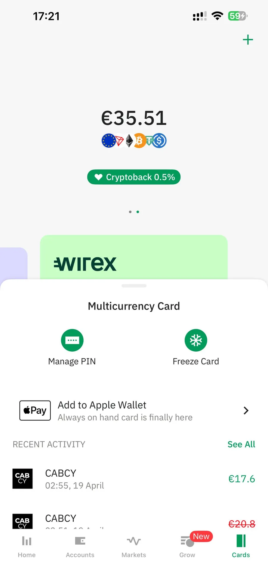 Wirex Multicurrency Card screen showing 0.5% Cryptoback rate