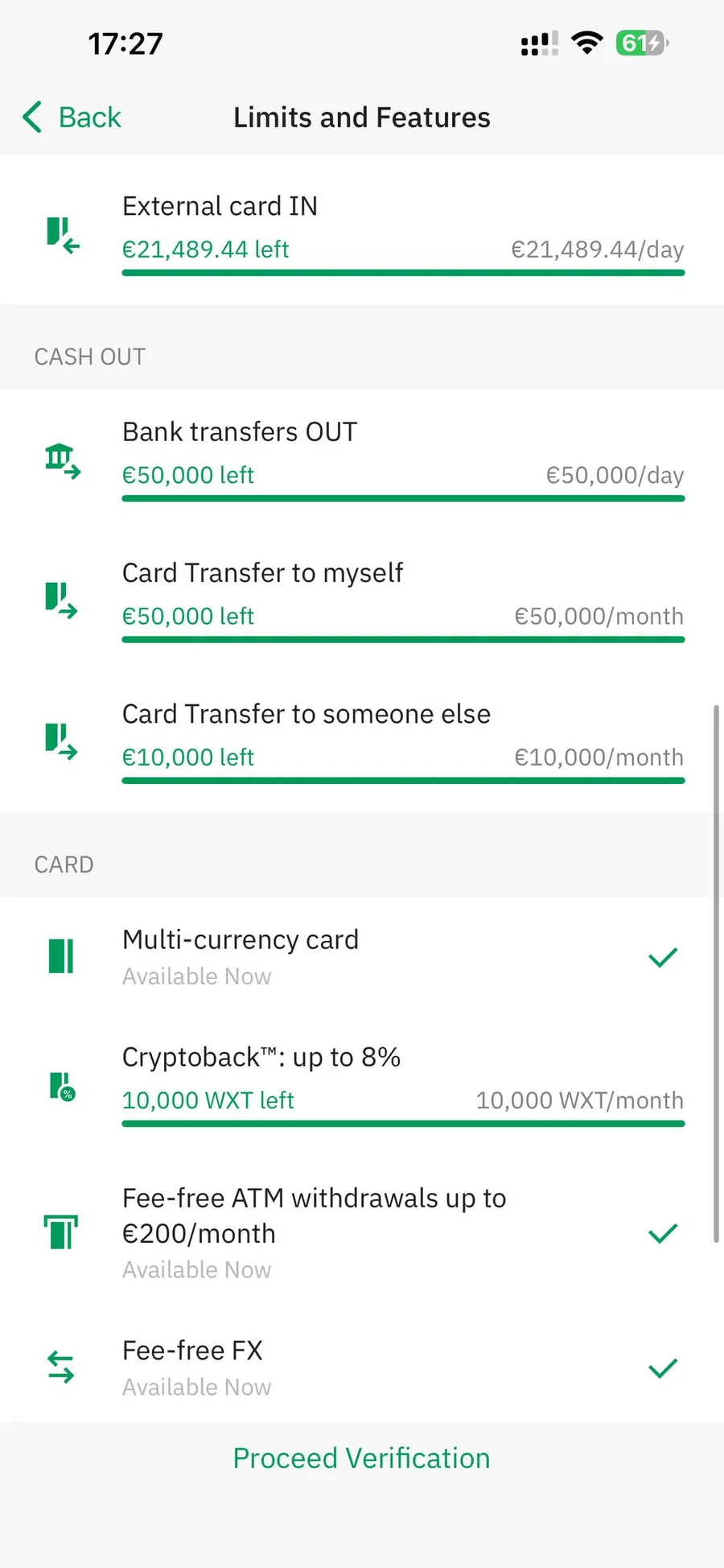 Wirex app Limits and Features screen for Standard tier